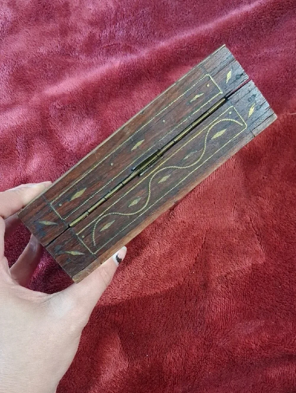 Vintage Hand-Carved Wooden Jewelry Box in Brown with Gold Trim And Brass Inlays
